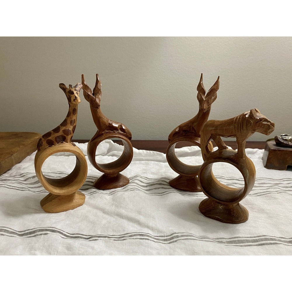 Vintage Kenya Hand Carved Wood Africa Animal Napkin Rings 4 Giraffe Lion Gazelle
